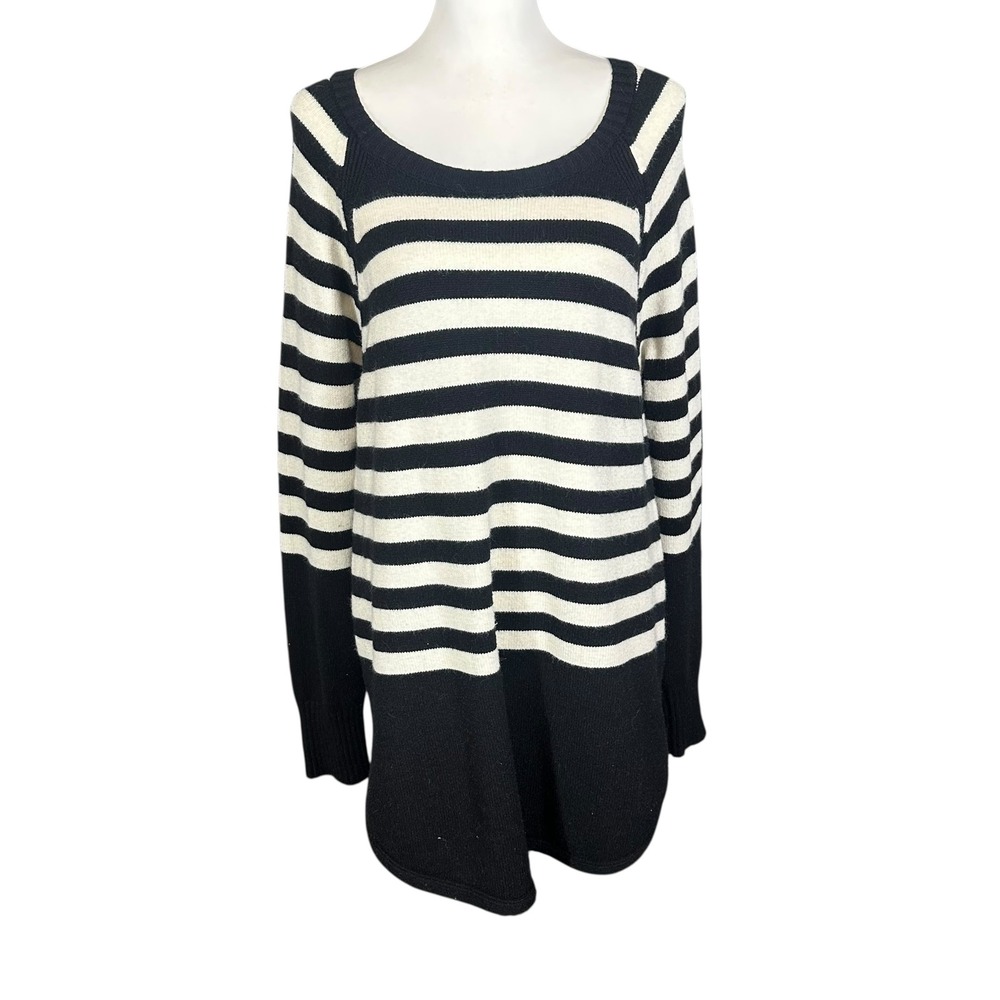 Anthropologie Striped Tunic Sweater Women's Large Black White Rebekah Scoop Neck